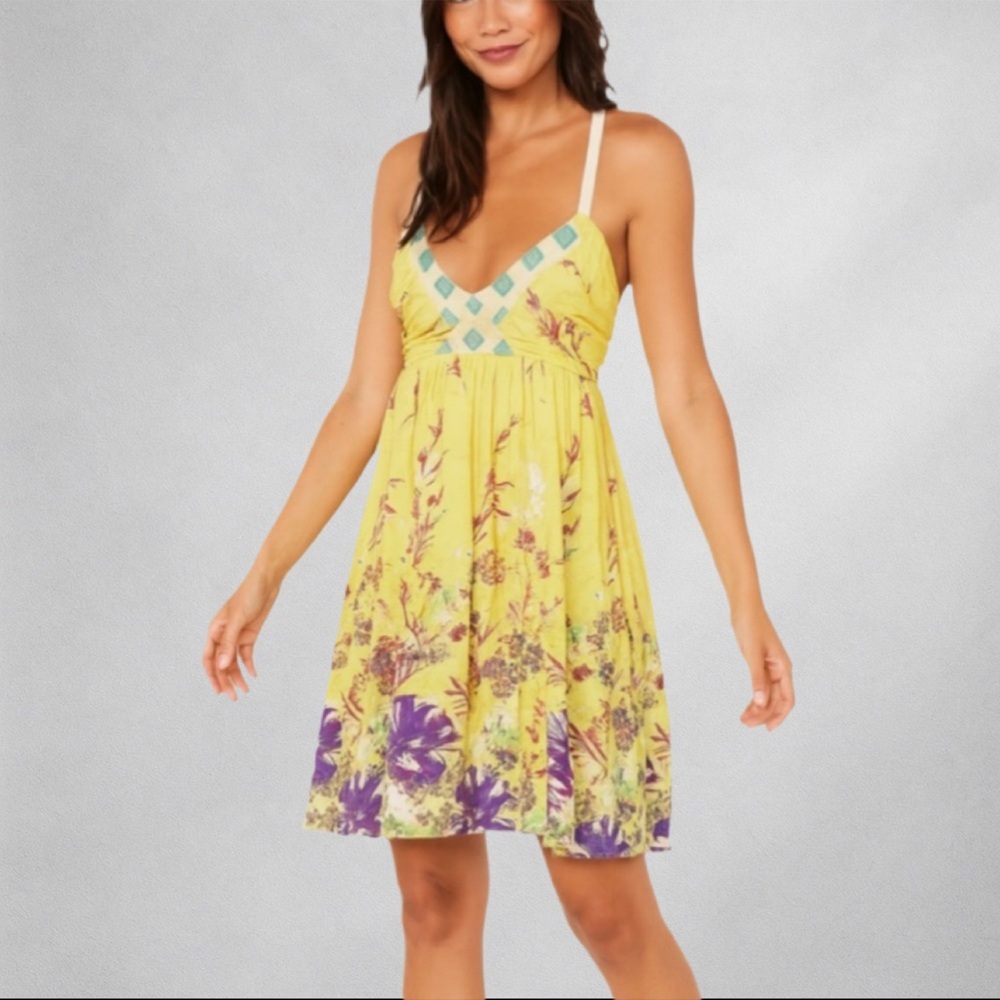 Free People Yellow Floral Midi Dress S Boho Casual Summer Scoop Neck